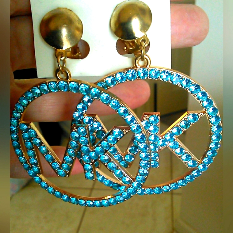 Bnwt M. K. Blue Crystal Rhinestone Large Hoop Earrings ( Clip Ons) Fab. Fashion